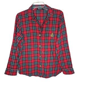 Lauren Ralph Lauren Sz M Red Plaid LS Chest Pocket Insignia Cotton Pajama Top